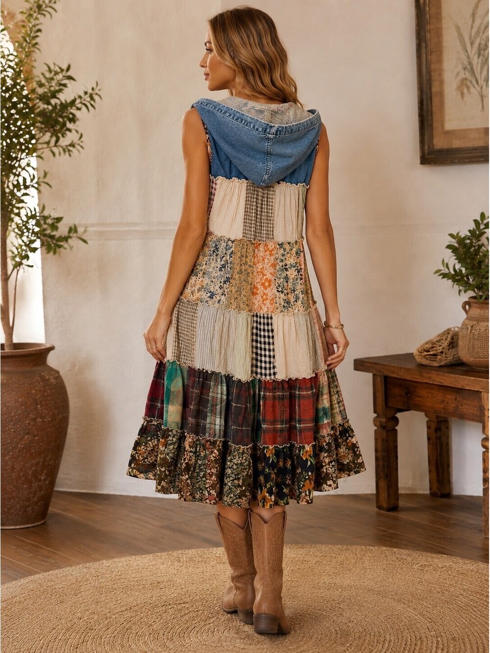 YOUNG THREADS Patchwork Hooded Maxi Duster Dress Denim Boho NWT Medium - Picture 5 of 6